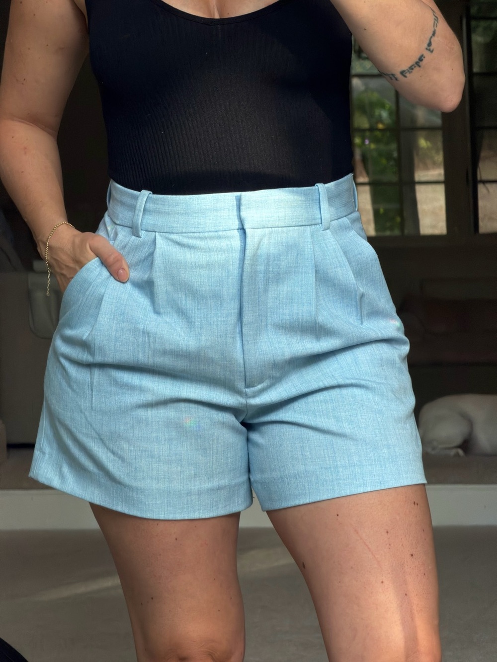 Abercrombie & Fitch Light Blue High-Rise Pleated Shorts
